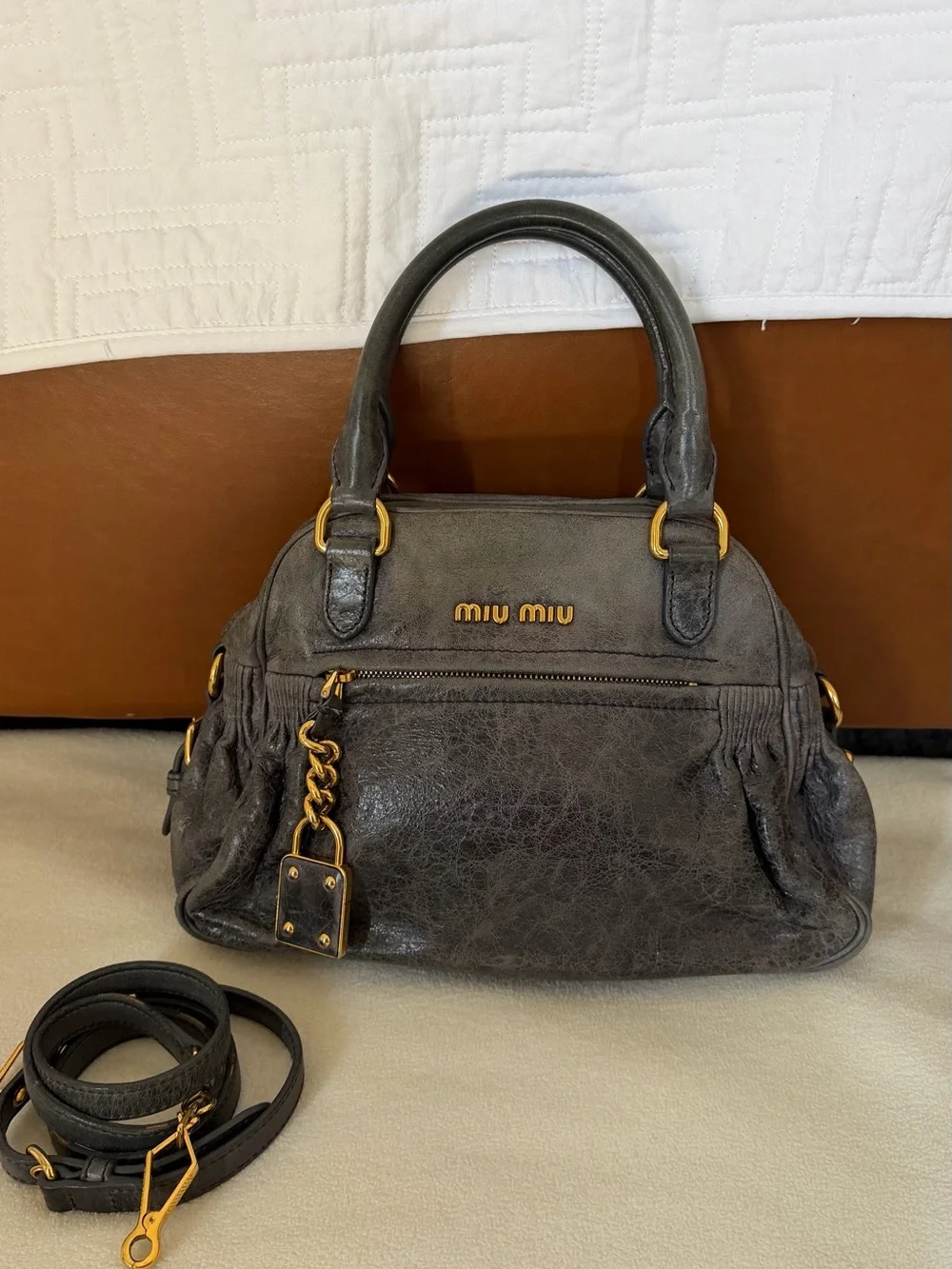 Miu Miu Dark Gray Leather Top-Handle Satchel with Gold Hardware